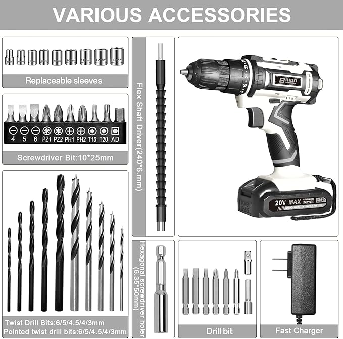 Cordless Drill Set,20V Drill Driver with Battery and Charger,3/8-Inch Keyless Chuck, Variable Speed,with Drills Bits Set,Gray