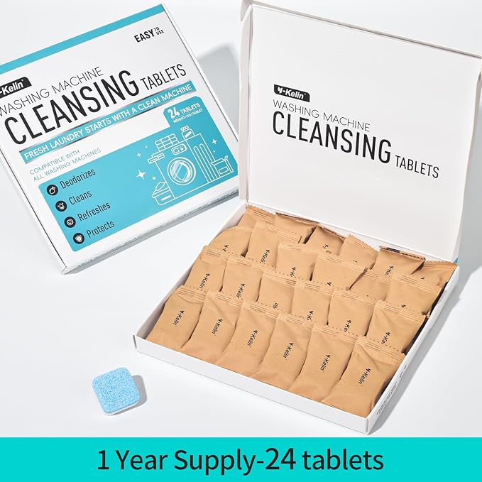 Y-Kelin Washing Machine Cleaner Tablets, 24 Pack - Up to 1 Year Supply, for HE Front & Top Load Washers, Septic Safe, Removes Odors & Residue, Fresh Scent