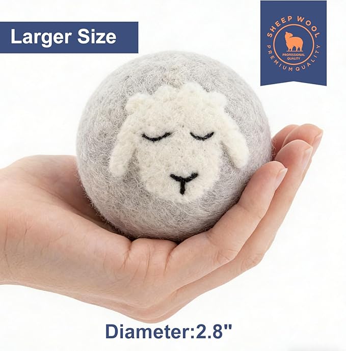 Wool Dryer Balls Handmade 3 Pack XL,Organic Laundry Dryer Balls,100% New Zealand Wool Natural Fabric Softener,Reusable 1000 Loads,Wrinkles Free, Shorten Drying Time,Baby Safe (3 Pack,Sleeping Sheep)
