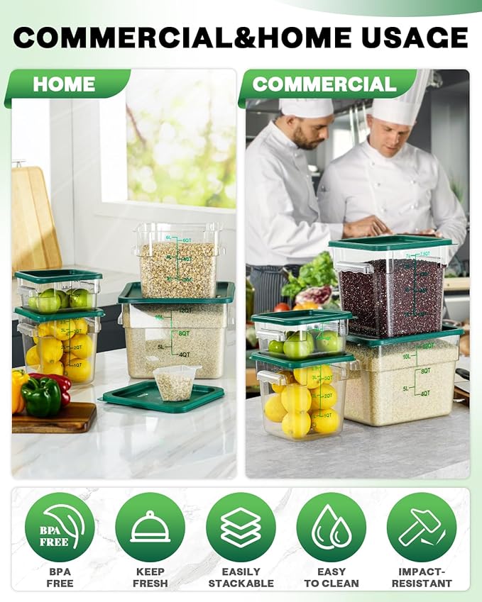 12QT NSF Food Storage Containers: 2 PCS [Food Grade][Hot&Cold Resistant] Commercial Clear Square Food Storage Containers with Scales Handles for Home Restaurant Kitchen Proof Dough(BPA FREE-GREEN N2)
