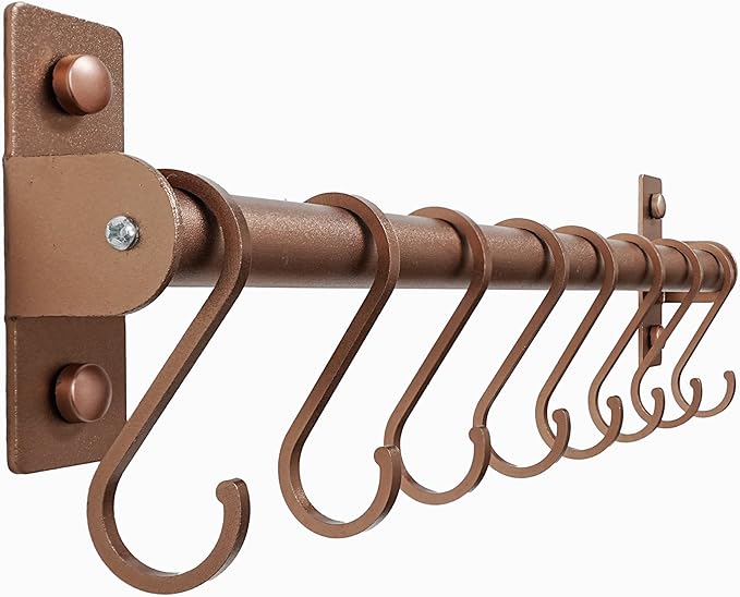 Dseap Kitchen Utensil Holder Hanger, Pot and Pan Rack Wall Mounted, Kitchen Rail with 8 Hooks for Hanging Cooking Utensils, Mugs, Spoons, Wall Mounted, Antique Copper New