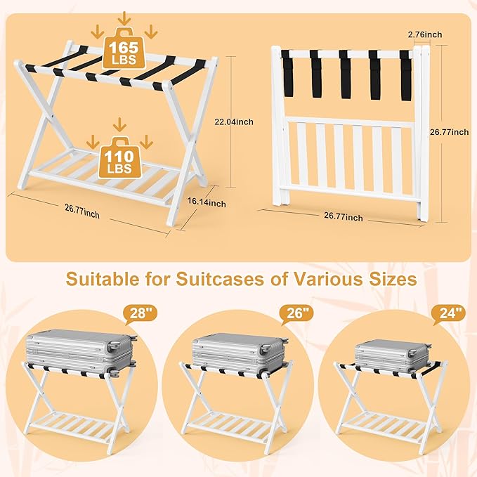 26.77"L Luggage Rack, White Luggage Rack for Guest Room, Bamboo Folding Suitcase Stand with Storage Shelf, 5 Nylon Straps, Heavy Duty Luggage Holder for Bedroom Hotel, 1 Pack, Gift Box Packaging