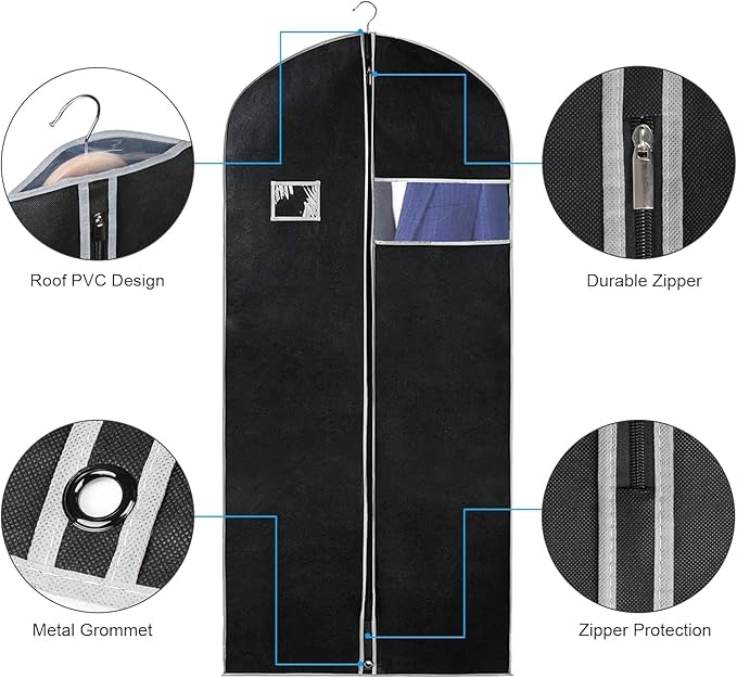 Syeeiex 60'' Dress Bags for Gowns, Set of 8 Garment Bags for Hanging Clothes, Dress Garment Bag, Dustproof and Keep Closet Tidy,Perfect for Suits,Evening Dresses,Fur Coat,Long Dress Gown(Black&Grey)