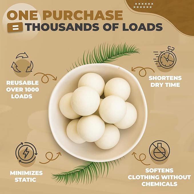 XL Dryer Balls from 100% New Zealand Wool (6-Pack), Natural & Reusable Fabric Softener Balls for 1000+ Loads, Essential Oil Ready Laundry Accesories, Reduces Wrinkles & Cuts Drying Time