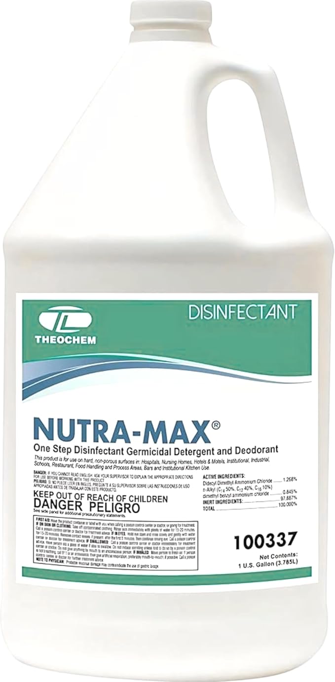 Nutra-Max Hospital Grade Disinfectant, EPA List N & G, Kills 99.9% Viruses & Bacteria, 1:32 Concentrate Makes 32 Gallons, Commercial Multi-Surface Cleaner For Home