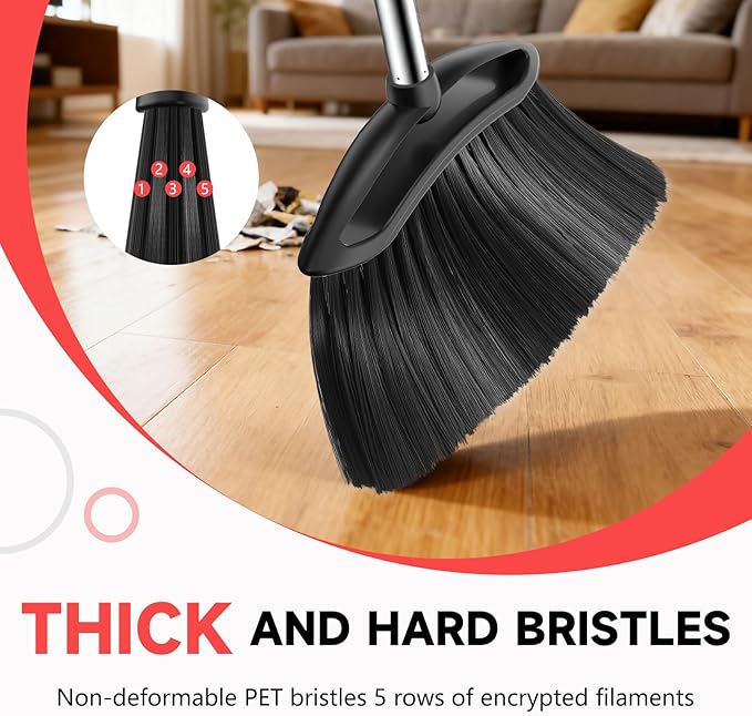 Heavy Duty Broom, 54-inch Adjustable Long Handle Angle Brooms Large Brooms for Sweeping Indoor and Outdoor Commercial Broom for Home Kitchen Patio Garage Porch Courtyard Classroom, Black