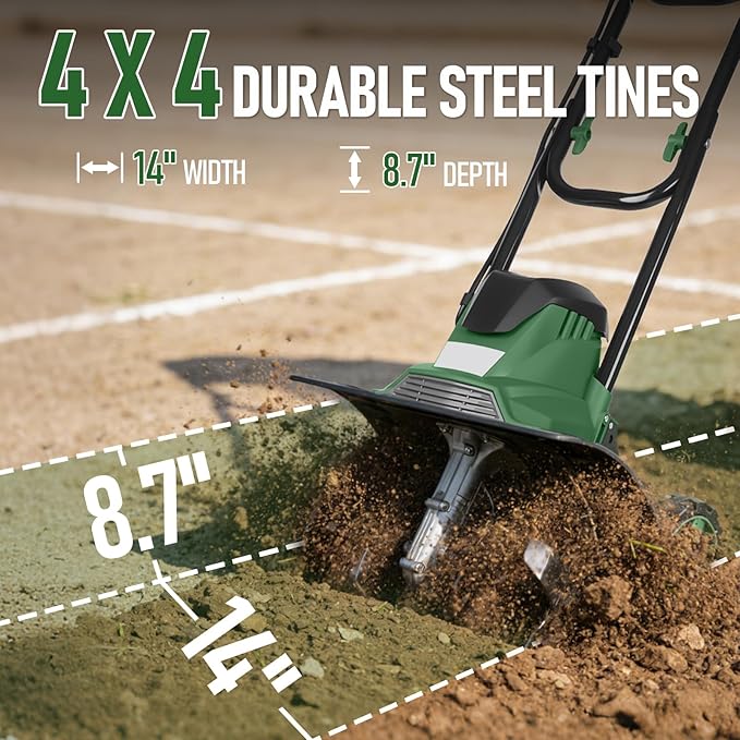14-Inch Electric Tiller Cultivator, LAZYLAND 10A 360RPM Corded Rototiller with 8.7-Inch Tillling Depth, 4X4 Steel Tines for Garden/Lawn/Yard/Soil Aeration/Soil Cultivation