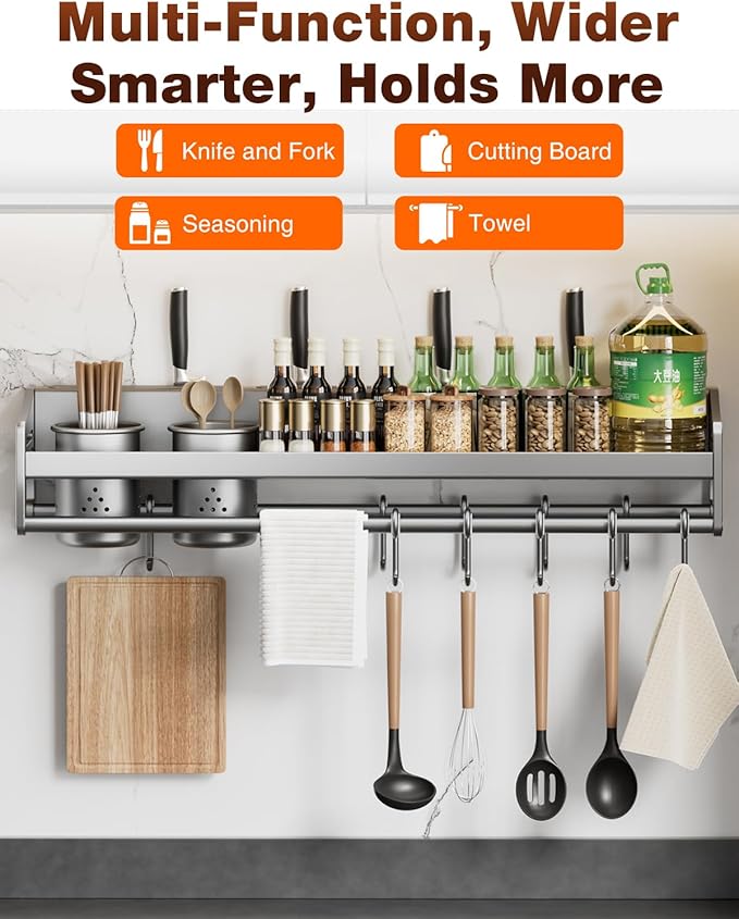 utensil hanger, wall mounted kitchen rail with hooks, waterproof hooks for kitchen utensils, easy installation without drilling (23.6 inches, Cup, 1)