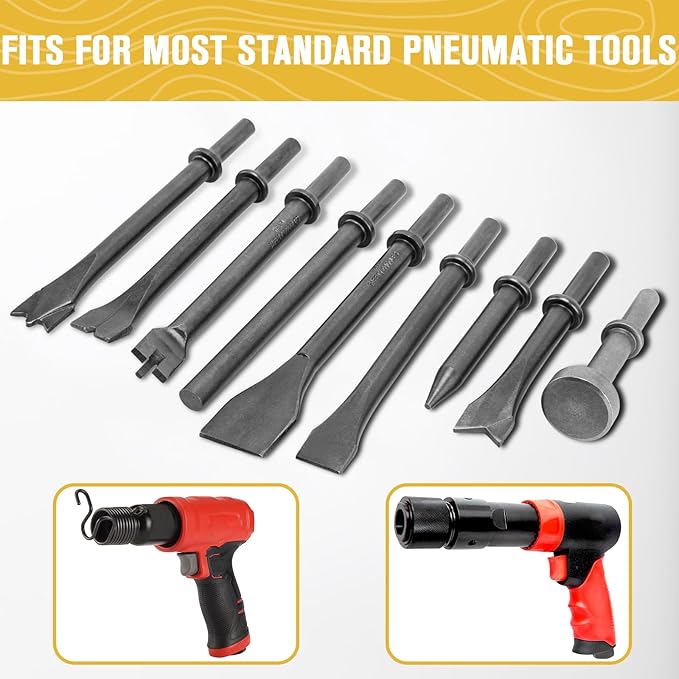 Air Hammer Bits Set - 9pcs Pneumatic Hammer Chisel Bits, Air Chisel Bits, Air Hammer Punch Chipping Bits Set, Air Hammer Atachments for Tile Masonry Concrete Stone Demolition, Rust Removal, Drilling