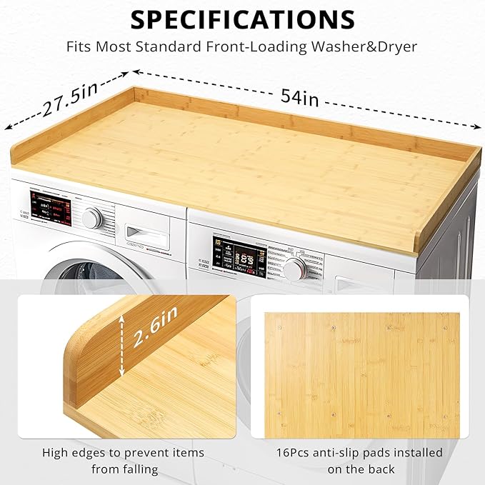 Gashell Washer Dryer Countertop, 27.5" x 54" Bamboo Washer and Dryer Countertop for Laundry Room Organization(Natural)