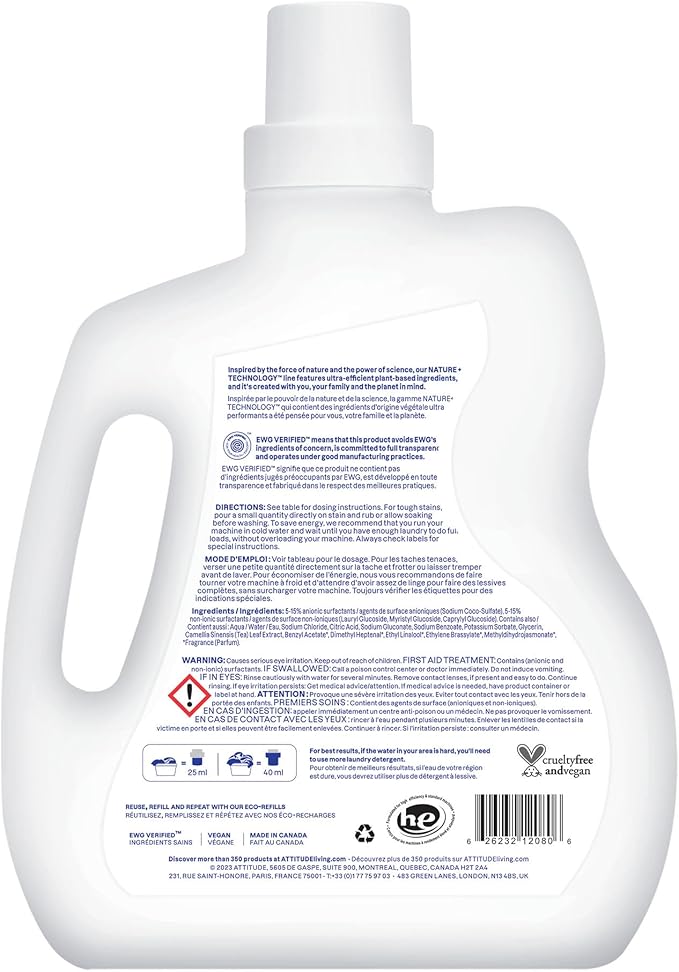 ATTITUDE Liquid Laundry Detergent,EWG Verified,HE Compatible,Plant-Based & Vegan,Natural Laundry Soap,Wildflowers,80 Loads,67.6 Fl Oz,(Pack of 2)