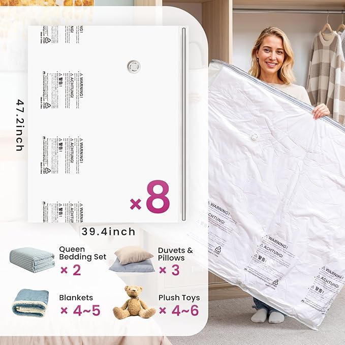 TAILI 8 Pack Vacuum Storage Bags, XXL Jumbo (47x39 Inch), Vacuum Sealed Bags for Comforter and Blankets, Bedding, Clothing, Giant Space Saver Bags for Huge Stuffed Toy