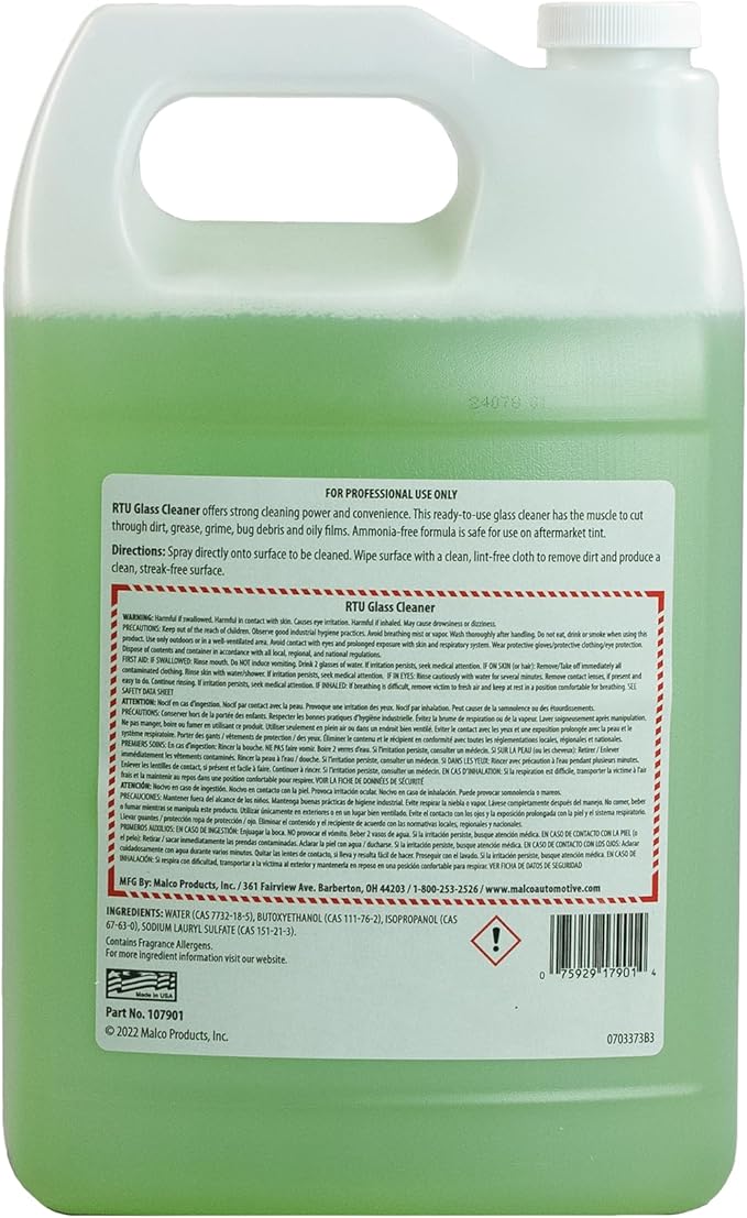Malco Ready-To-Use Glass Cleaner - Streak-Free Removal of Dirt, Grease, Oils, & Bug Debris from Glass, Chrome, Tile, Stainless Steel, Vinyl, Rubber/Ammonia-Free & Tint Safe / 1 Gallon (107901)