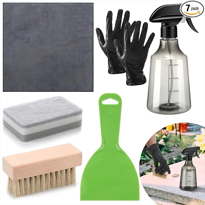 7 Pcs Headstone Cleaner Kit for Grave Cleaning Gravestone Cleaner Grave Granite Includes Microfiber Cloth Spray Bottle Bristle Brush Headstone Sponge Disposable Gloves Plastic Scraper