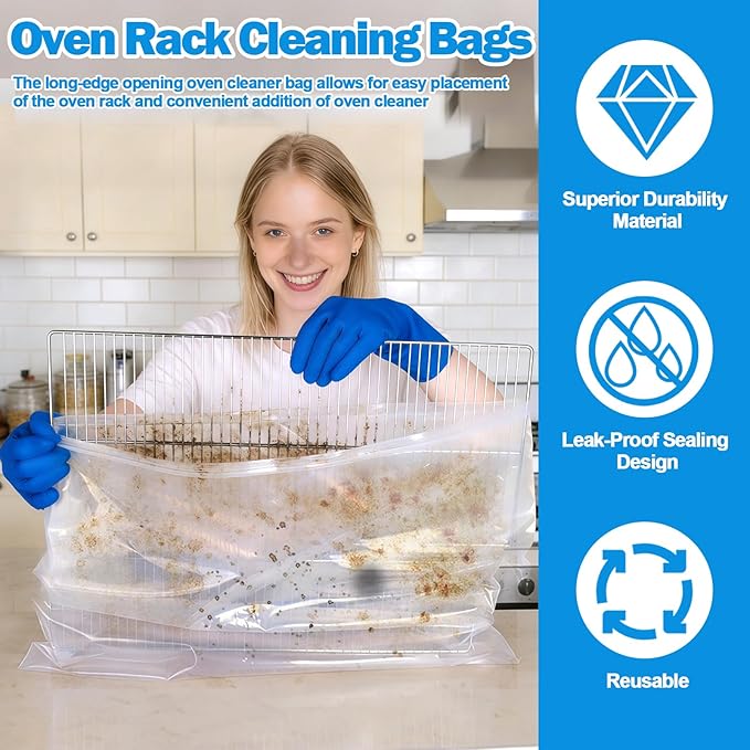 XANGNIER 3 Pack No Scrub Oven Rack Cleaning Bags with Side Zipper Opening,27.8 * 19.5 in,No Cleaner Included, Reusable Leakproof Soaking Cleaner Bags for Removable Metal Rack,BBQ Grills,Grill Grate