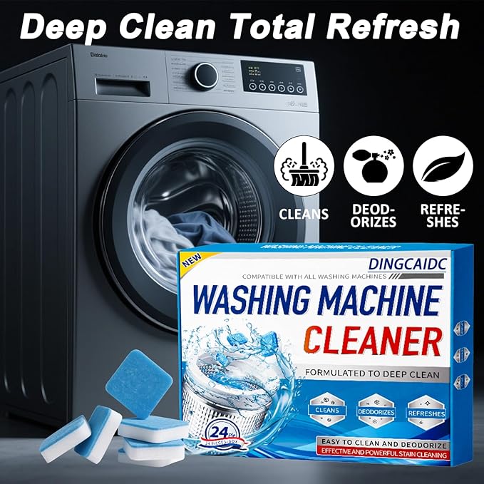 Washing Machine Cleaner Effervescent Tablets - 24 Pieces, Deep Cleaning Formula, Removes Grime & Odors, Deodorizes & Refreshes HE Top/Front Load Washers