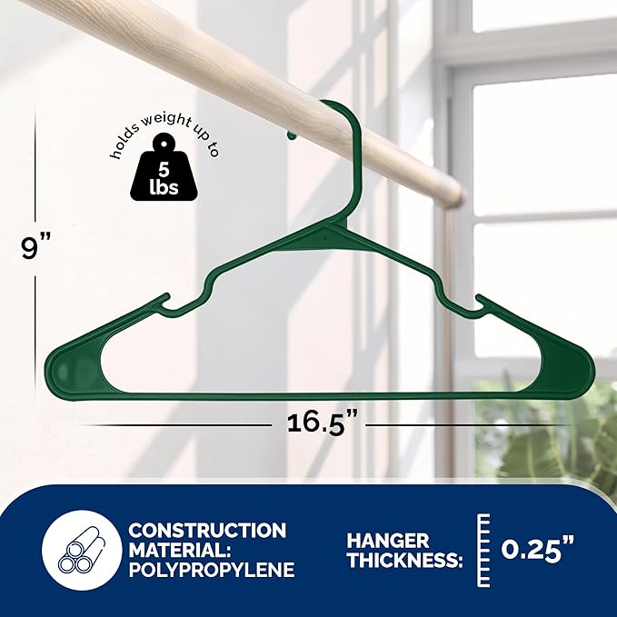 Closetselect Plastic Hangers 50 Pack - Space Saving Clothes Hangers, Made in USA, Durable & Strong Plastic Shirt & Coat Hanger with Notches & Shoulder Grooves, Non-Slip Clothing Hangers | Carpet Green