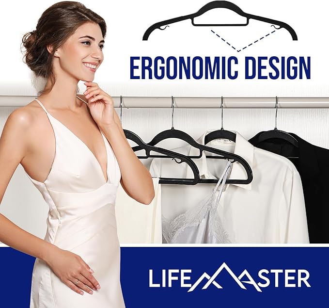 Lifemaster Versatile Clothes Hanger Set - 50 Pieces Space-Saving Dry and Wet Clothes Hanger Set with 360° Swivel Hook and Non-Slip Rubber Design - Black
