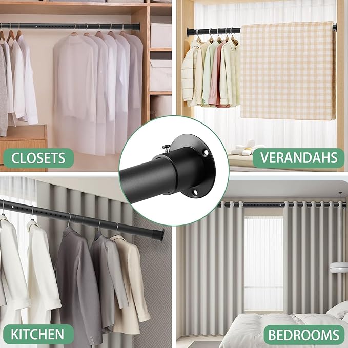 Closet Rod - 17-100 Inches, 1.3 Inch Diameter Heavy Duty Closet Rods Extender Hanging - Metal Matte Black Adjustable Clothes Hanging Bar, for Closet, Bathroom, Windows
