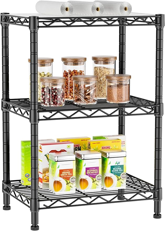 Golpart 3 Tier Adjustable Storage Shelves Heavy Duty Metal Utility Shelf Wire Shelving Unit Organizer Rack for Home Kitchen Office Bathroom Pantry Room 12" D x 18" W x 30" H