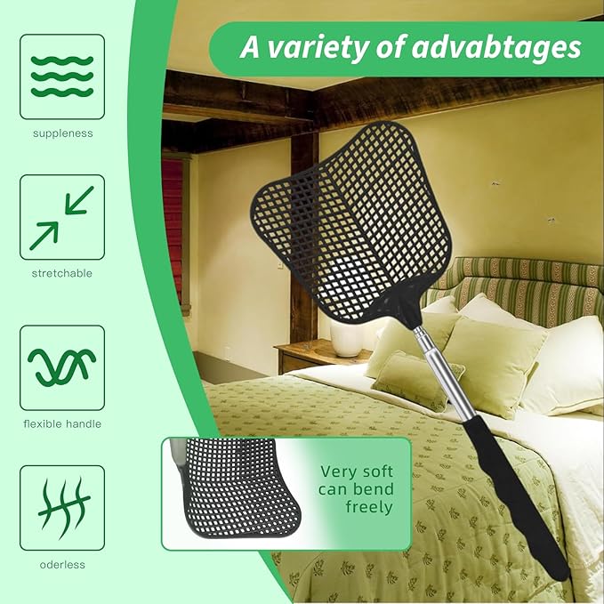 MYSTICHOME Fly Swatter 1 Pack, Durable Heavy Duty Plastic Fly Swatters, Stainless Steel Telescopic FlySwatter for Indoors/Outdoor/Kitchen/Garden(Black)