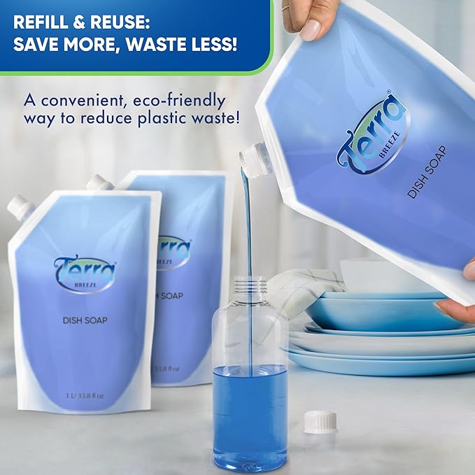 Liquid Dish Soap Refill Pouch 1 Liter – Family Size Dishwashing Liquid for Everyday Home Use - Cuts Grease While Gentle on Hands – Eco Refill for Dish Soap Dispensers & Kitchens