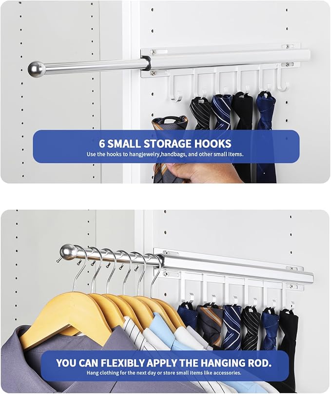 BaiNong 16.5" Valet Rod for Closet Pull Out With 6 Hooks Valet Rods for Closets (2Pack Silver) Closet Valet Rod Slide Out