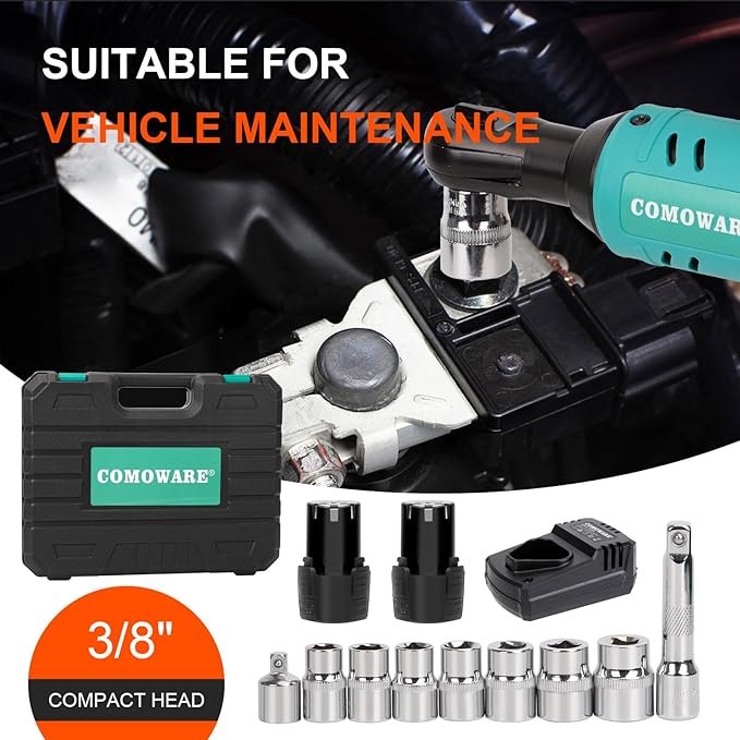 COMOWARE 3/8 Cordless Electric Ratchet Wrench Kit, 40ft-lbs Torque, 12V Power, 8 Sockets, LED Light, Fast Charger, Ergonomic Design