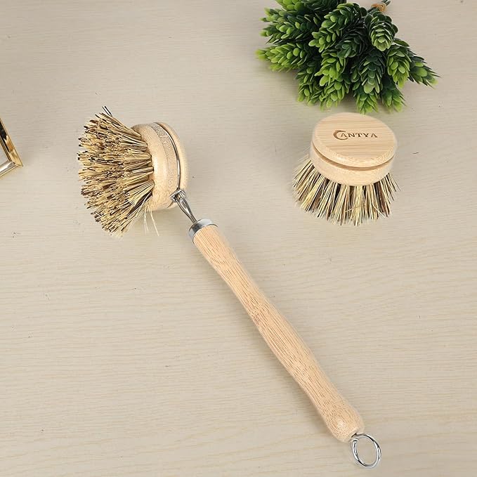 Bamboo Dish Scrubber with Handle - Hard Bristle, Natural Kitchen Brush, Sustainable & Biodegradable, Bamboo Brush for Dishes, Pans and Pots