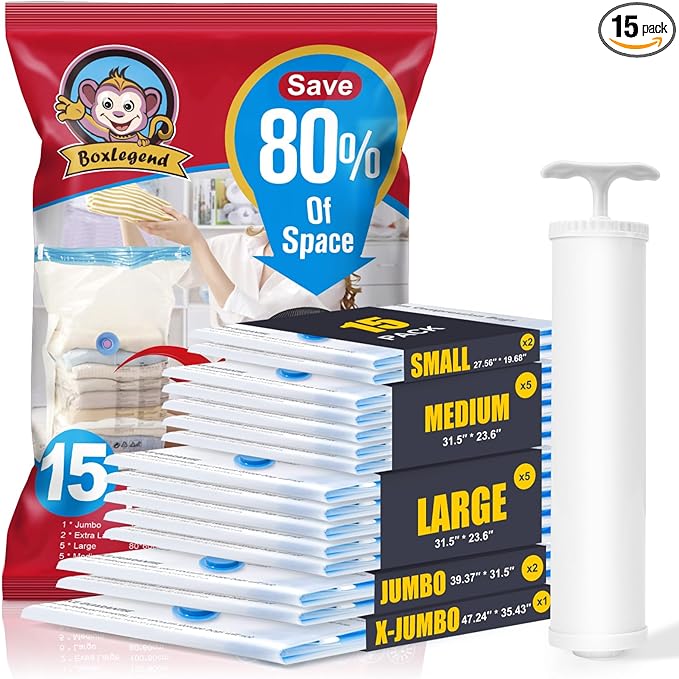 BoxLegend Vacuum Storage Bags with Large Hand Pump 15 Combo (1X-Jumbo, 2 Jumbo, 5 Large, 5 Medium, 2 Small) Thickened Vacuum Seal Bags for Clothing Pillow Comforters Bedding,1 Large Pump