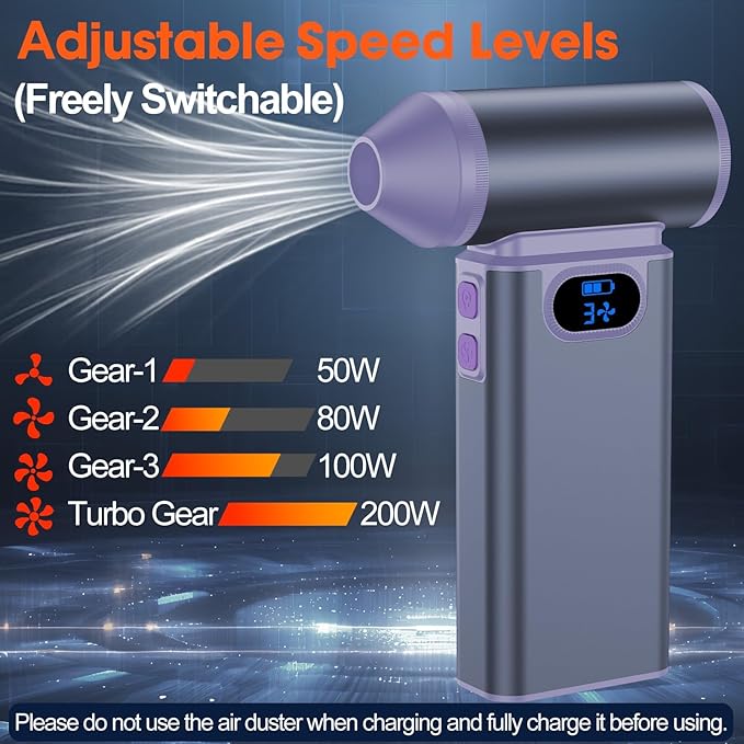 Metal Electric Compressed Air Duster, 300000RPM High Speed Rechargeable Air Blower&Pump for Leaf Blower with Digital Display, 4-Speed Modes-Brushless Motor Mini PC Dust Cleaner with Light(Black)
