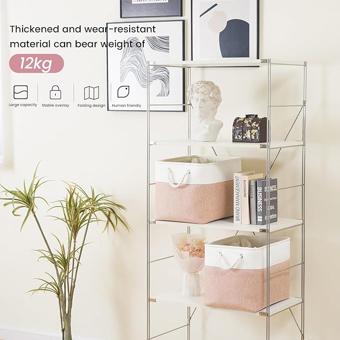 Large Storage Baskets- 16x12x12 inch Storage Bins for Shelves and Closet Organizing, Foldable Fabric Bin for Home Organization Clothes and Laundry (1-Pack, White&Pink)