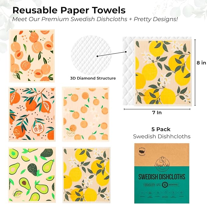 Harps&Seb Swedish Dishcloths for Kitchen Dish Towels - 5 Pack, Non-Scratch Reusable Paper Towels, Super Absorbent Washable Swedish Dish Cloths, No Odor, Biodegradable, Fruit Design