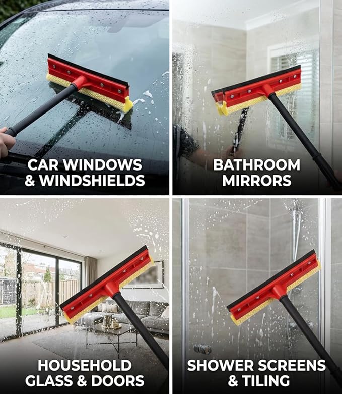 2Pcs Window Squeegee with Long Handle, 2-in-1 Window Cleaner Tool, Glass Door Cleaner, Multi-Use Car Windshield Cleaning Cleaning for Indoor Outdoor Car Window High Glass Shower Gas Station