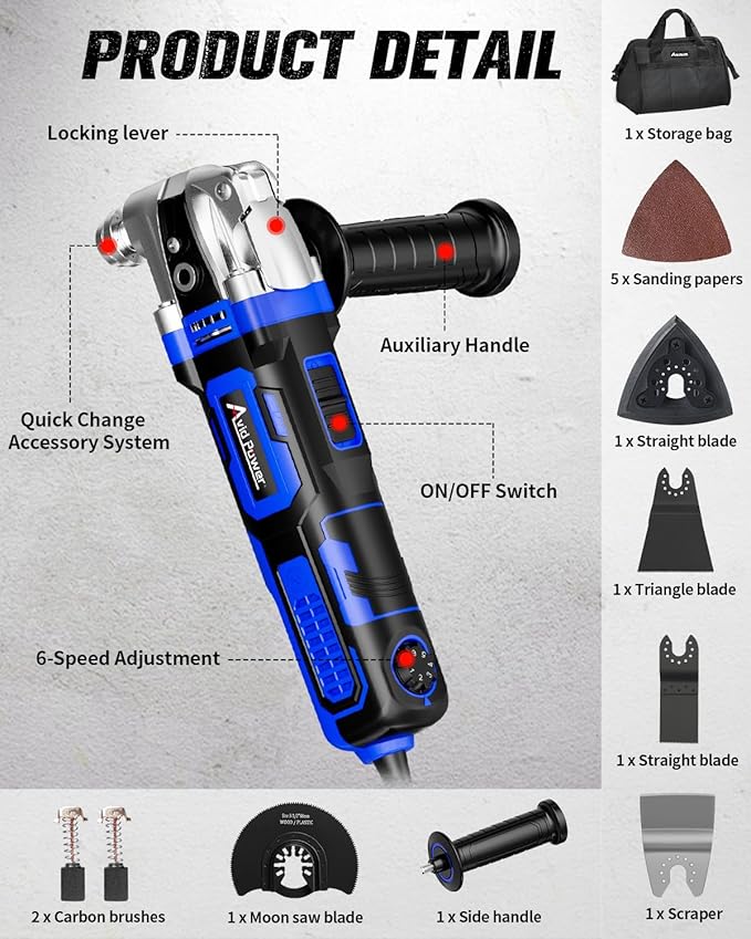AVID POWER Oscillating Tool, 3.5-Amp Oscillating Multi Tool with 4.5° Oscillation Angle, 6 Variable Speeds and 13pcs Saw Accessories, Auxiliary Handle and Carrying Bag - Blue