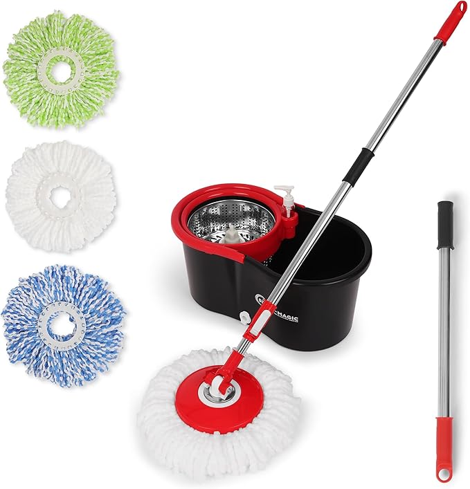 Simpli-Magic 360° Spin Mop and Bucket with Wringer – 3 High-Absorbent Microfiber Washable Heads – Spinning Mop and Bucket Set for All Types Floor Cleaning (Black)
