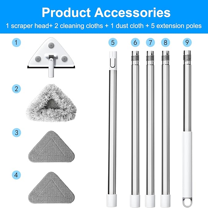 CTIME 78'' 3 in1 Professional Window Squeegee & Wall Mop : Window Cleaning Kit with 360° Rotating Triangular Head & Universal Cloth Slots (Includes 3 Reusable Pads)
