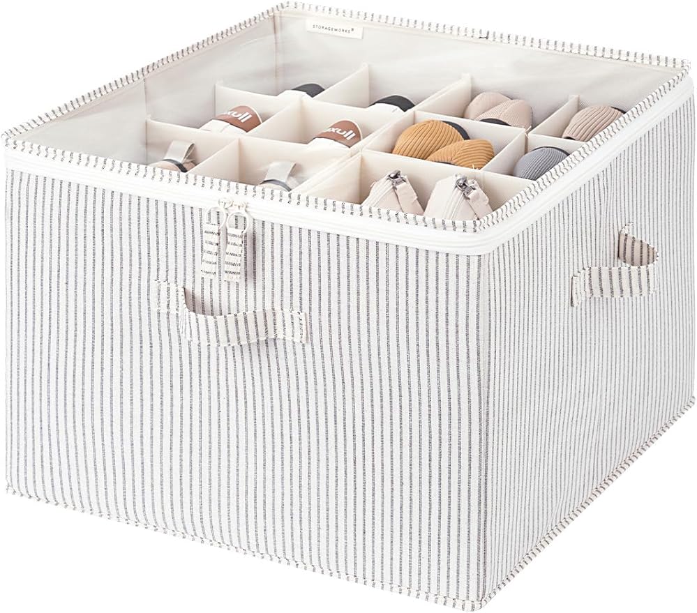 StorageWorks Shoe Organizer for Closet, Fits up to 16 Pairs, Shoe Cubby Storage Containers with Adjustable Dividers and Clear Cover, Khaki and Beige Stripes