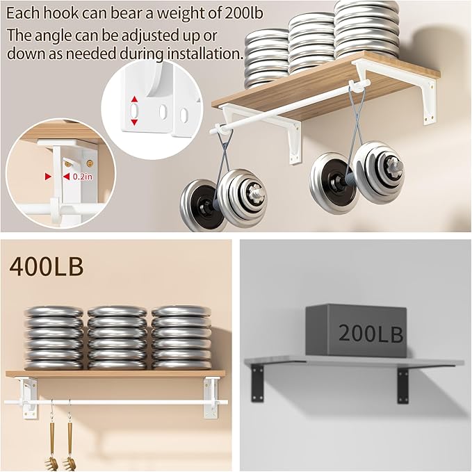 10 inch Closet Rod Bracket Support 400lb WYGWP Heavy Duty Closet Shelfs Support with Rod Holders, Wall Mounted Shelf Shelving Brackets with Hook for Wardrobe Walk-in Closet and Armoire(4pack White )
