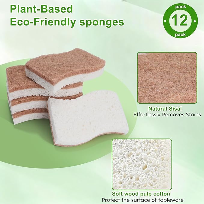 Sponges Kitchen – 12-Pack, Natural sponges for Dishes S-Shaped Dual-Layer for Pots, Pans, Tableware, Durable & Comfortable Grip for Everyday Cleaning