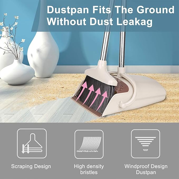 Broom and Dustpan Set, Long Handle Stand Up Broom and Dust Pan Combo, Self-Cleaning with Dustpan Teeth, Indoor&Outdoor Sweeping, Ideal for Dog Cat Pets Home Use (Beige & Brown)