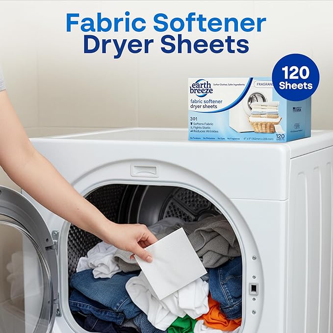 Earth Breeze Fabric Softener Dryer Sheets – Fragrance Free, Hypoallergenic, No Harsh Chemicals, Safe for Sensitive Skin – Static Cling & Wrinkle Reducer – Gentle Fabric Care – Made in USA (2 Pack)