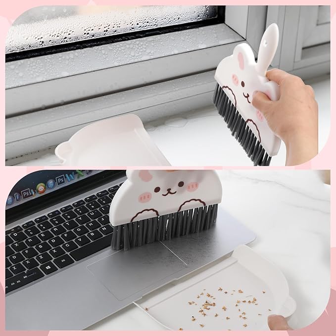 Ouligay Portable Mini Dustpan and Brush Set,Cute Small Broom and Dustpan Set with Durable Brush,Lightweight Dust Pan and Broom Set for Desktop Small Space Cleaning(White Rabbit)