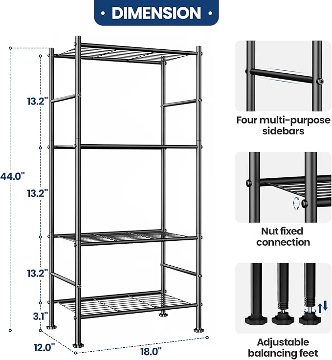 Abiglifty Storage Shelves, 4-Tier Wire Shelving, Metal Shelving with Adjustable Leveling Feet, Garage Storage for Bathroom, Closet, Kitchen