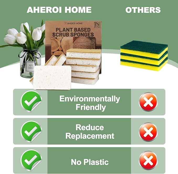 Aheroi Natural Dish Sponge, 18 Count FSC Certified Plant-Based Biodegradable Kitchen Sponges for Dishes, Compostable Eco Friendly Sponges, Organic Cleaning Sponge Dish Scrubber Products for Household