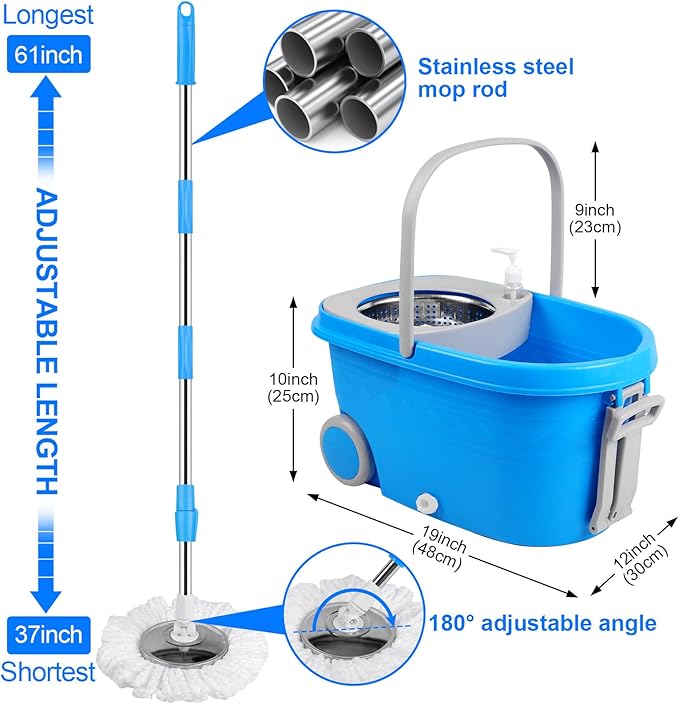 Spin Mop & Bucket, 360 Spinning Mop Bucket Kit, Stainless Steel Bucket Wringer Set, Plus 3 Replacement Head Refills, 360 Spinning Mopping System, 61" Extended Handle for Floor Cleaning (Blue)