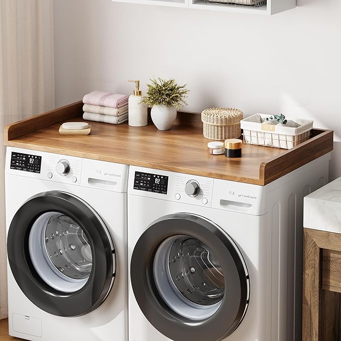 Washer Dryer Countertop, 54.3" x 27.6" Wooden Laundry Countertop with Edge Rails, Washer and Dryer Topper for Laundry Room Organization and Storage