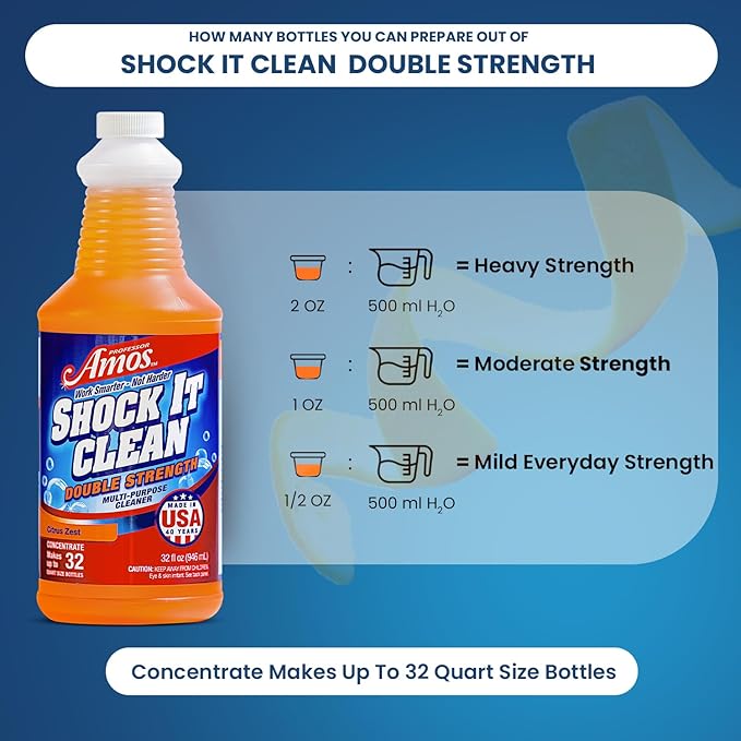 Professor Amos Shock It Clean MultiPurpose Cleaner Double Strength Concentrate All Purpose Carpet, Jewelry, Upholstery, Leather, Stain Remover & Floor Cleaner (Citrus Zest 32 Oz)