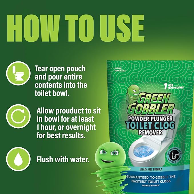 Green Gobbler POWDER PLUNGER Toilet Bowl Clog Remover - 2 Pack Net WT 16.5 oz
