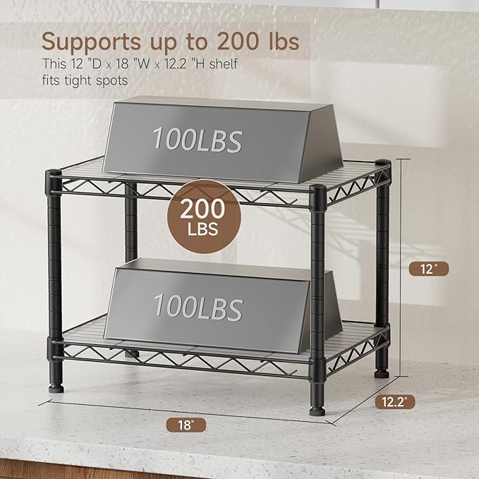 Golpart Small 2 Tier Shelves Storage Wire Shelving Unit Metal Shelf Adjustable Organizers Storage Shelving with Wheels for Bathroom Laundry Room Kitchen Pantry12”D x 18”W x 12.2”H Black